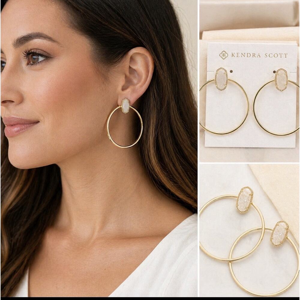 Kendra Scott Gold Tone Druzy Oval Hoop Earrings White Sparkle
